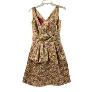 Zac‎ Posen Party Dress Womens 3 Yellow Pink Floral Metallic Sleeveless